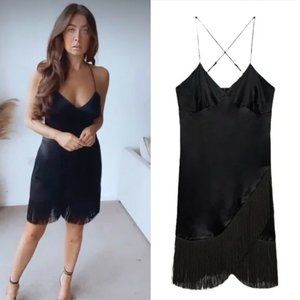 ZARA NWT Fringed Slip Dress Black S